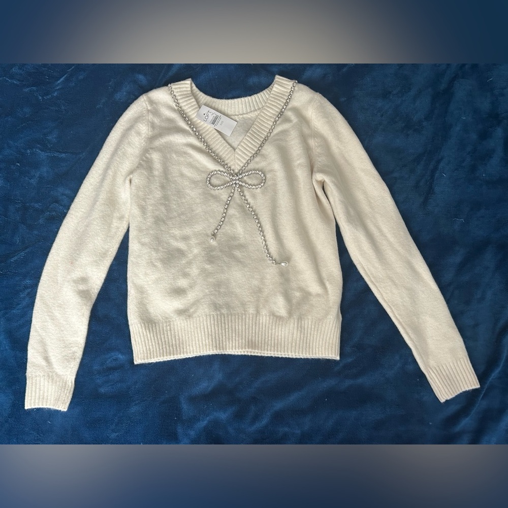 LOFT Ivory V-Neck Sweater with Chain Detail NWT - XXX